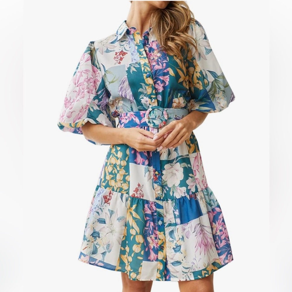 Women Floral Printed Boho Style Lantern Short Sleeve with Belt Summer Dress